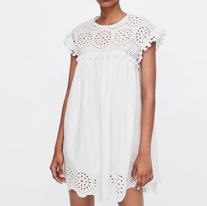 Zara Cutwork Embroidery Dress With Pompoms Small